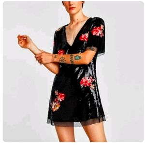 ZARA black sequin floral mini dress